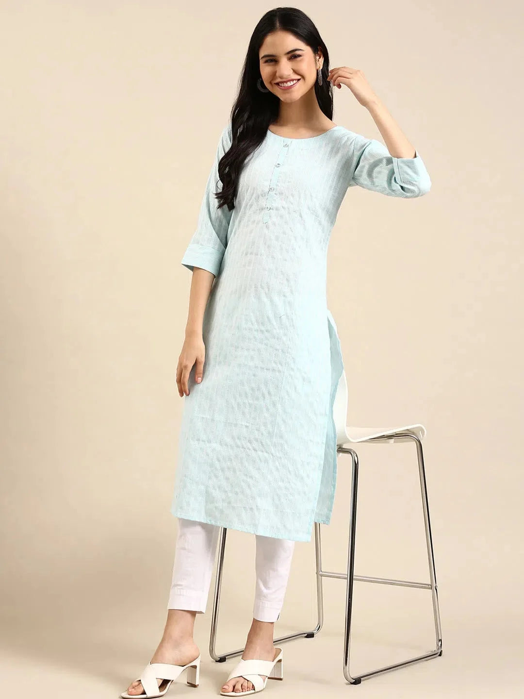 Blue Solid Cotton Kurta - Women's Casual Indian Kurta