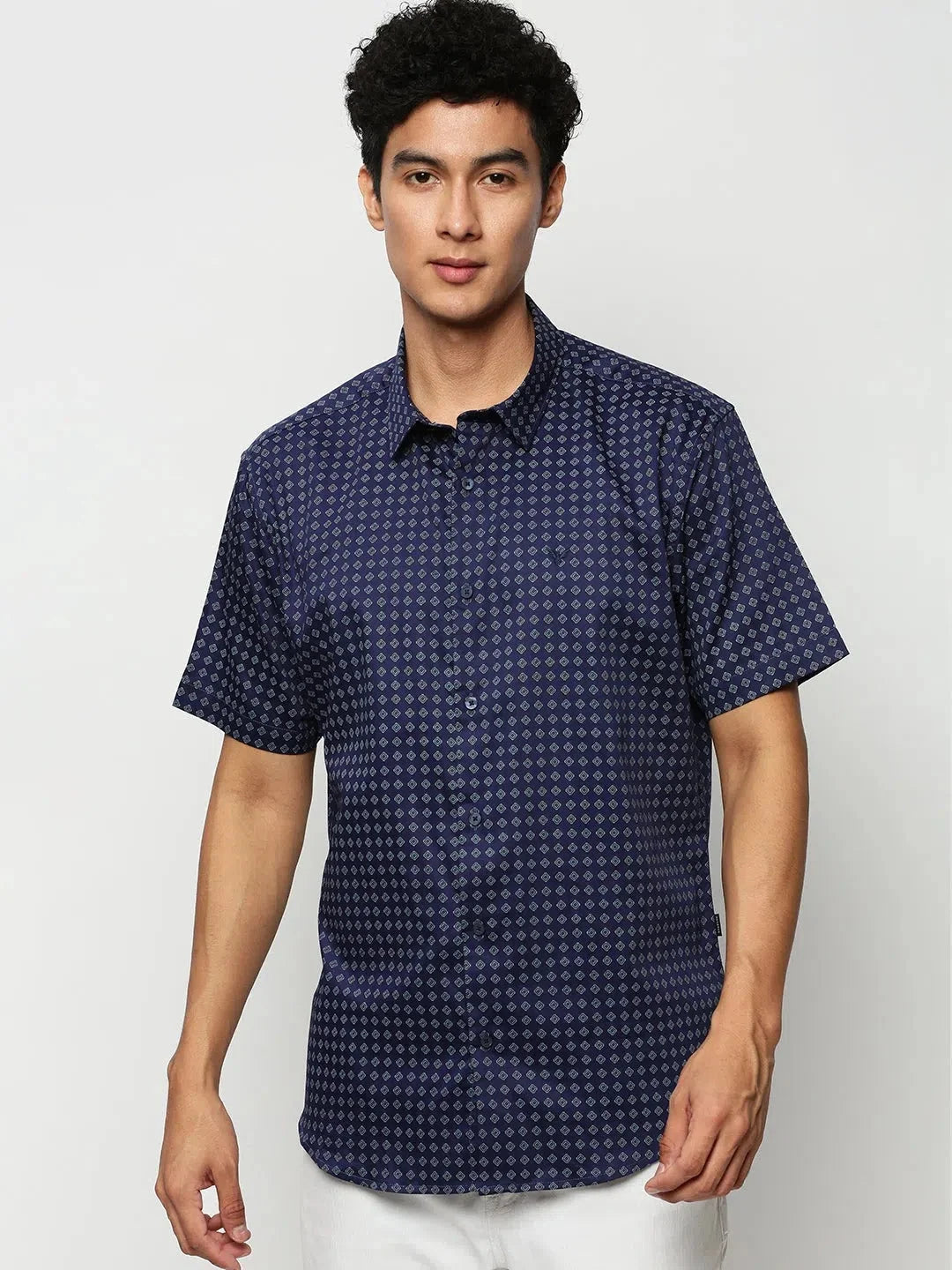 Navy Geometric Mens Shirt | Casual Cotton Printed Shirt