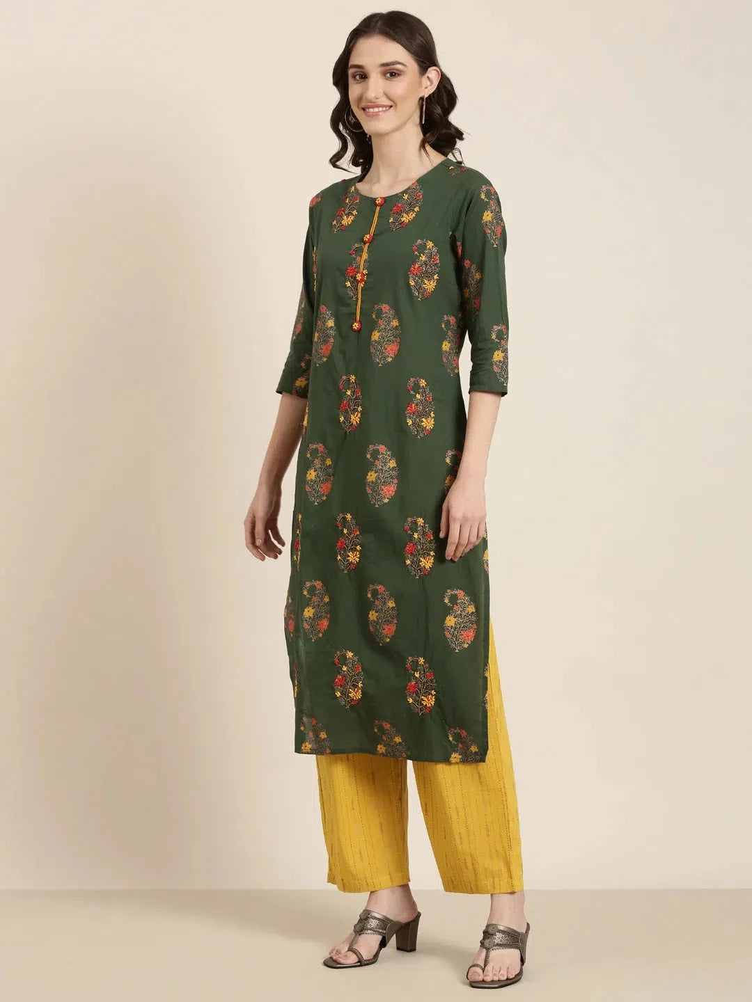 Green Floral Cotton Kurta Set | Women's Designer Kurta Sets