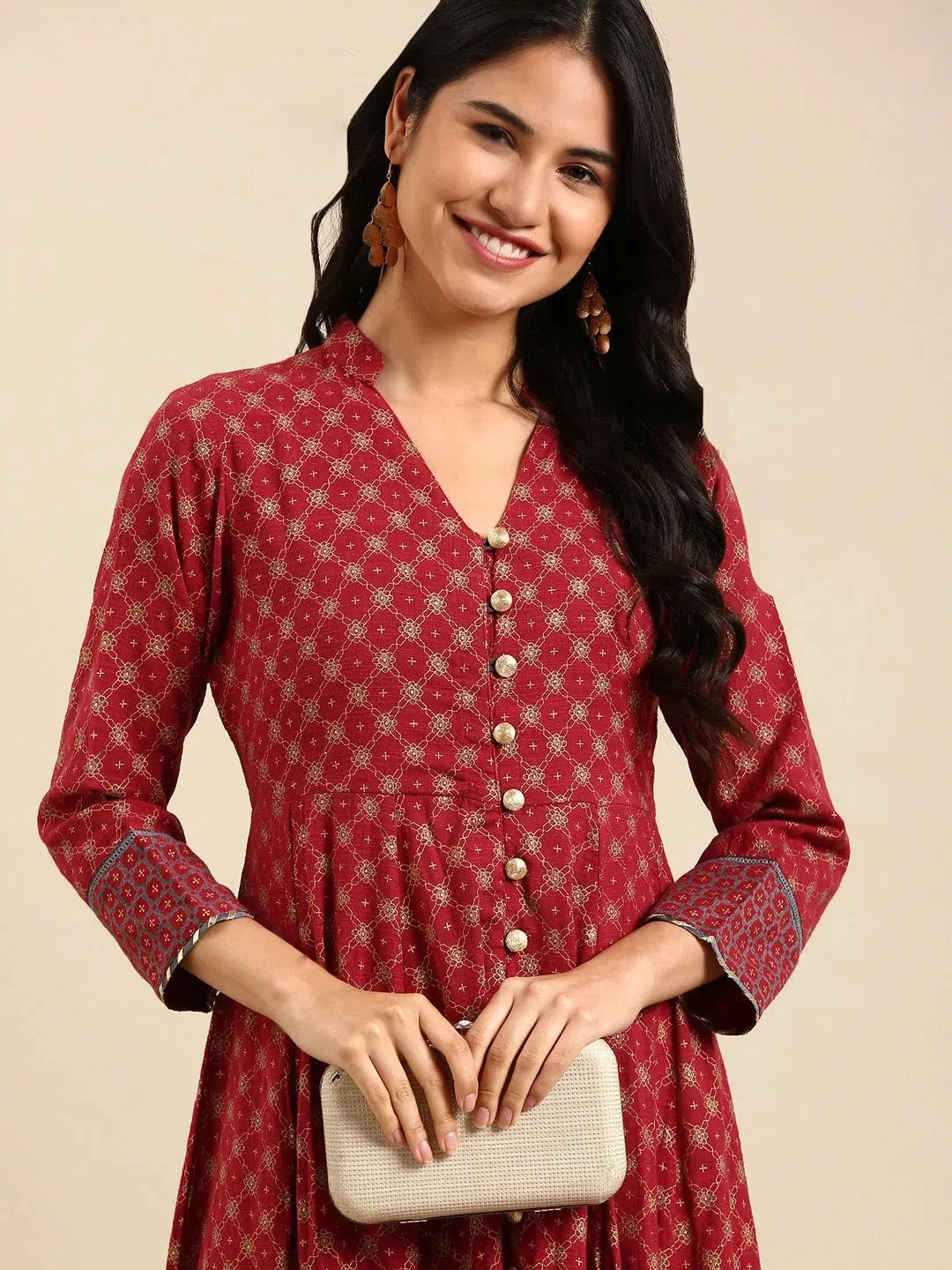 Red Printed Anarkali Kurta - Women's Linen Anarkali Suit Set
