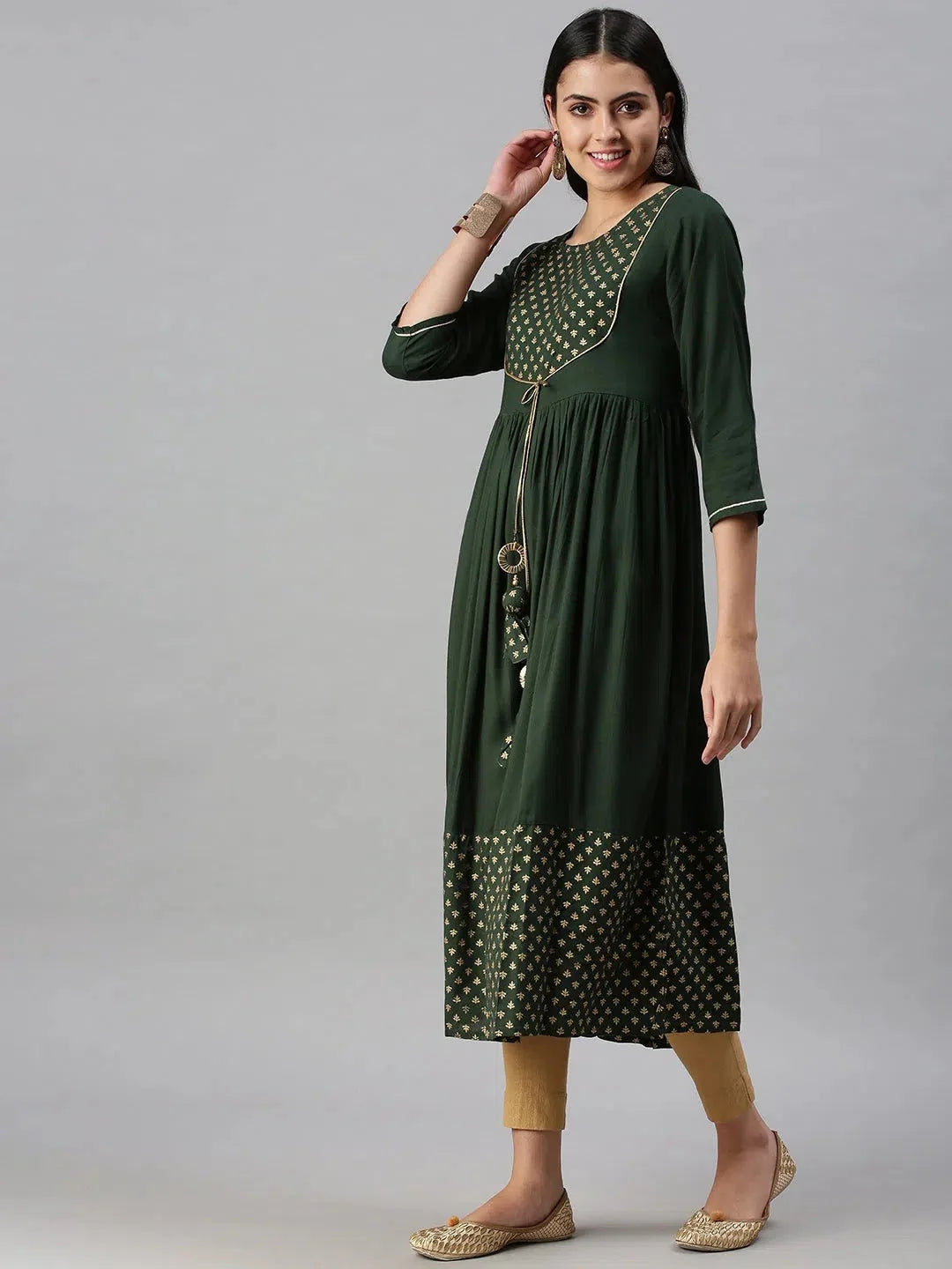 Green Printed Cotton Anarkali Kurta - Shop Anarkali Kurtis