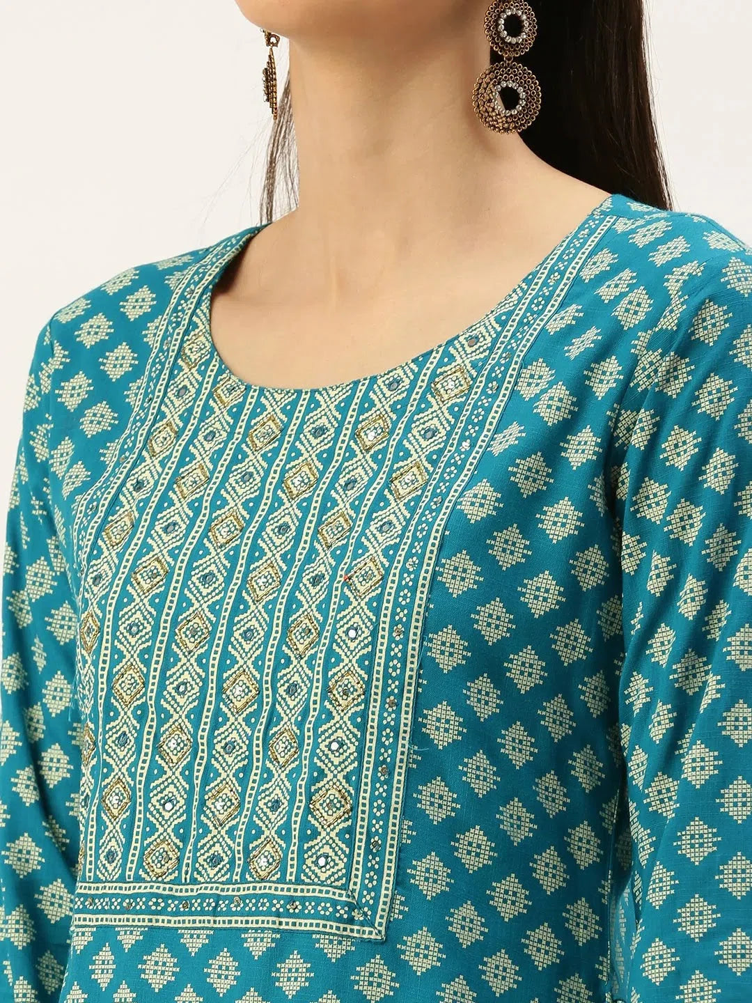Women's Blue Cotton Indian Kurta | Printed Straight Kurtas