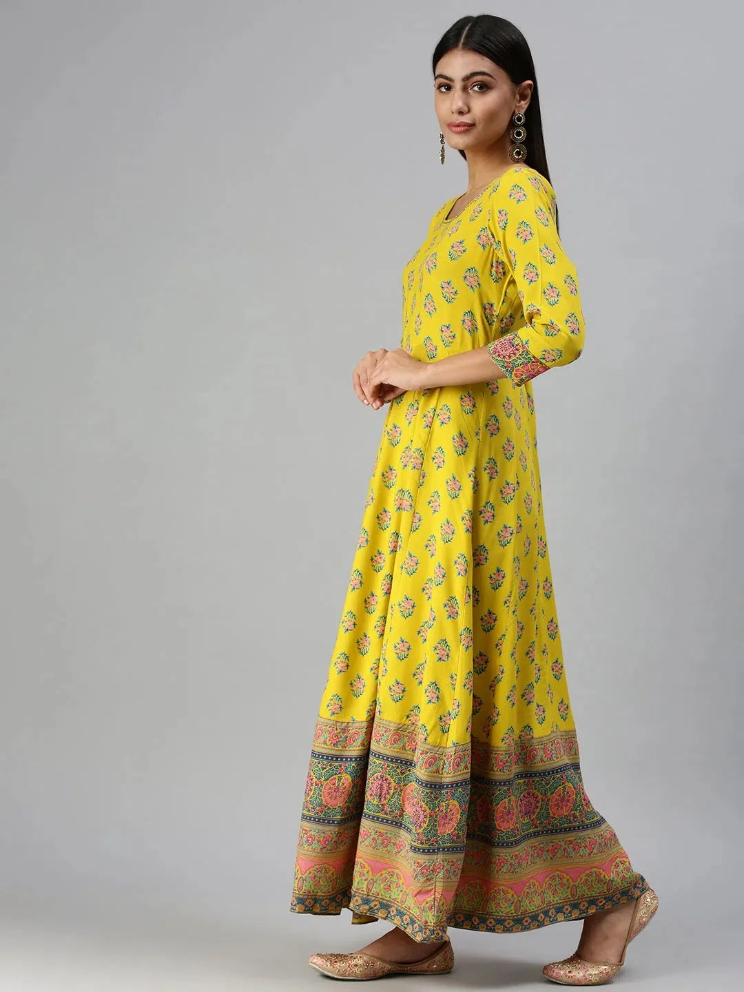 Yellow Printed Anarkali Kurti | Women's Cotton Anarkali Dress