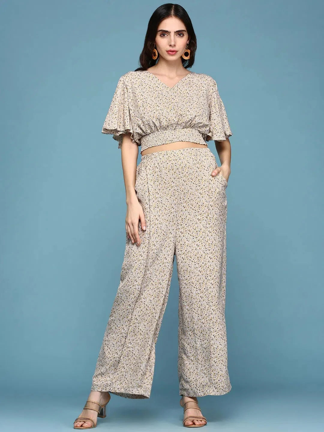Beige Printed Co Ord Sets for Women | Viscose Beach Printed