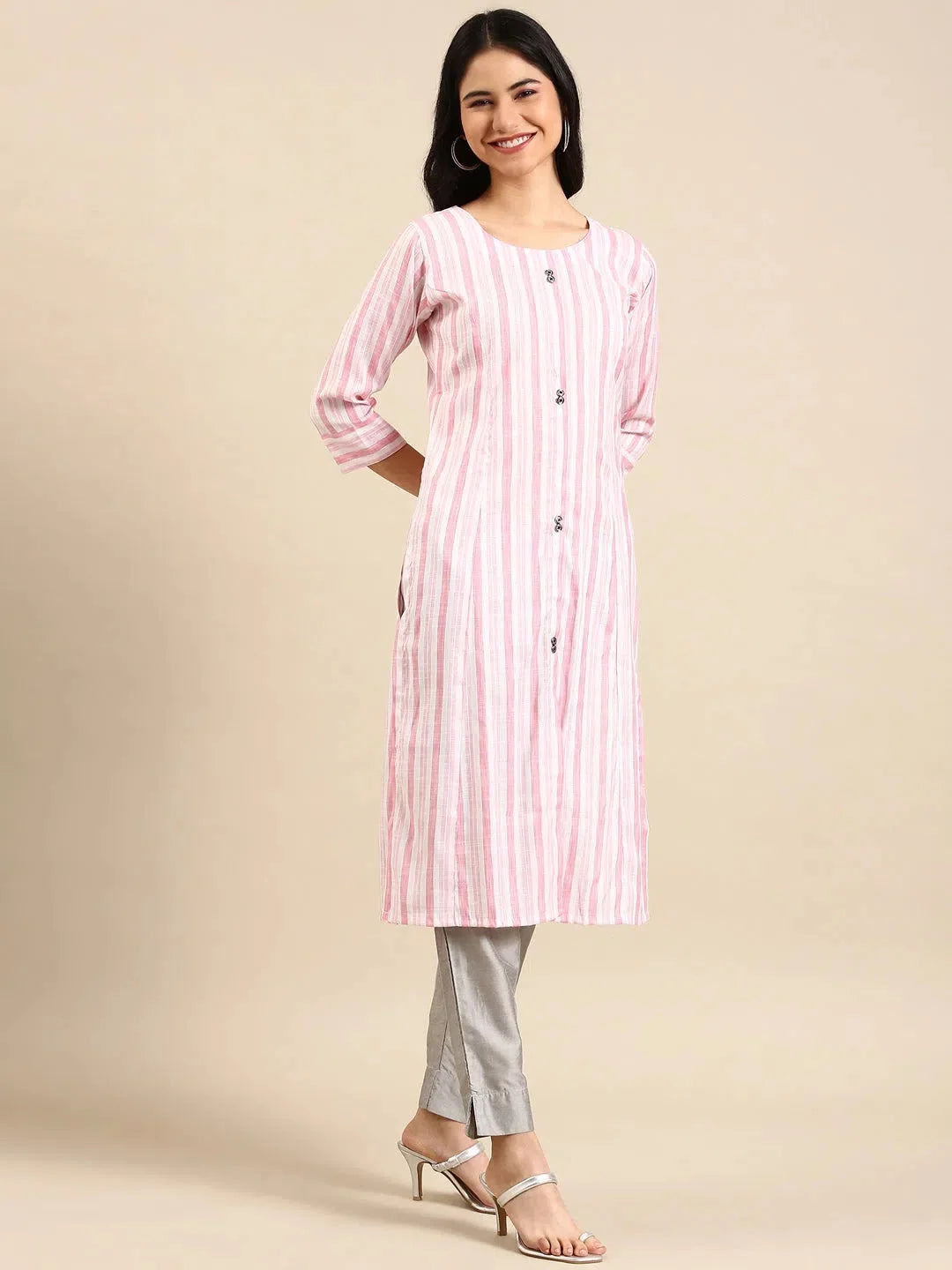 Pink Striped Cotton Kurta - Stylish Indian Kurta for Women
