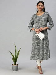 Women's Cream & Blue Printed Straight Kurta-HO136-Cream-Blue