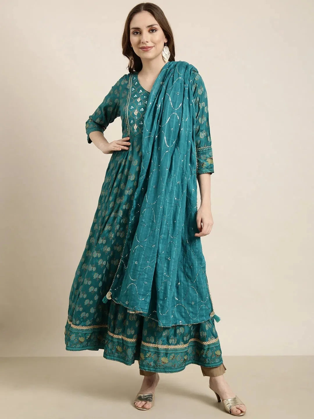 Green Floral Anarkali Kurta with Dupatta | Anarkali Gown