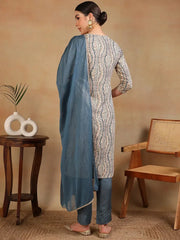 Women Grey Cotton Blend Embroidered Straight Kurta Pant Set