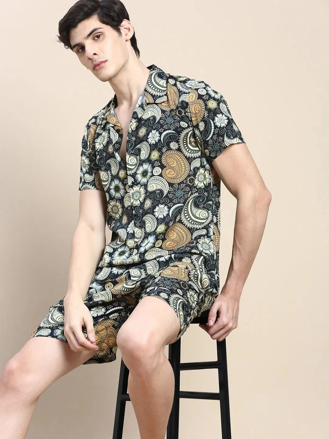 Men's Printed Co ord Set | Black Cotton Casual Two Piece Set