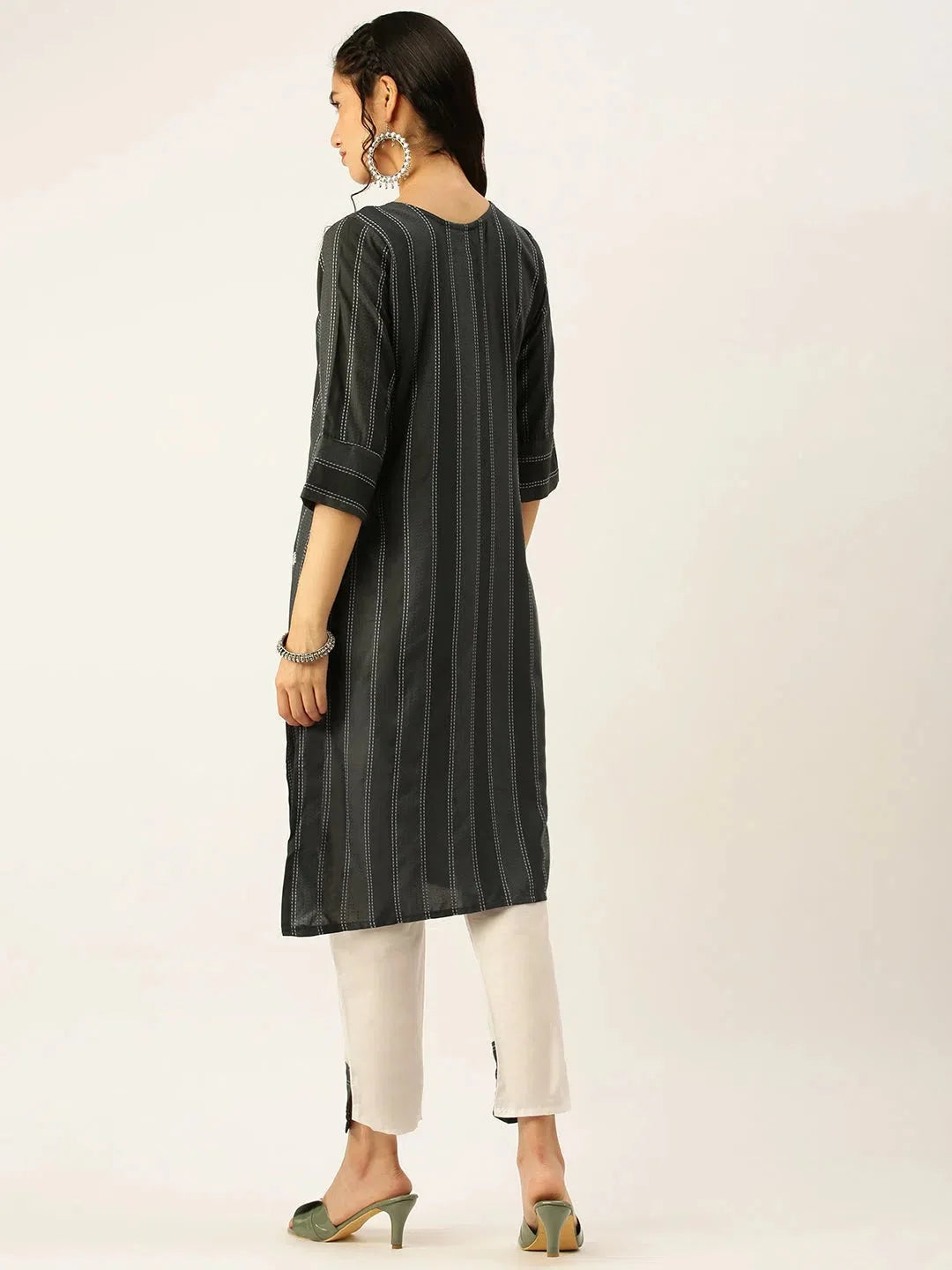 Women's Striped Kurta Set | Grey Cotton Indian Kurta Sets