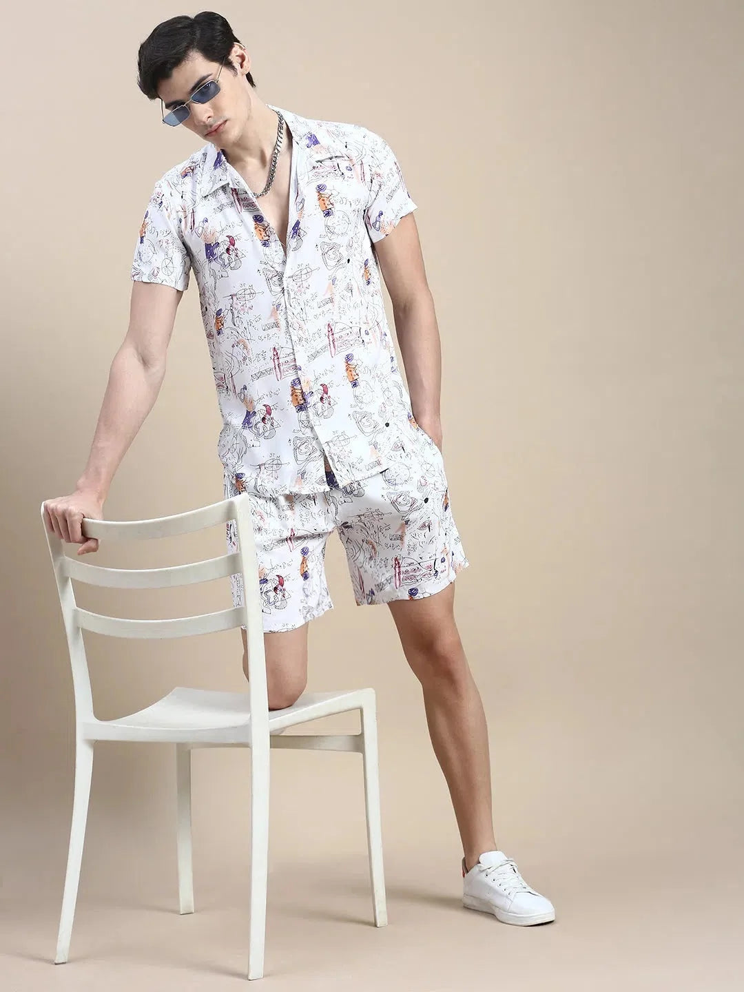 Men's White Printed Casual Co ord Set | Mens Two Piece Sets