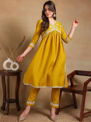 Women Yellow Silk Blend Embroidered A-Line Kurta Pant Set