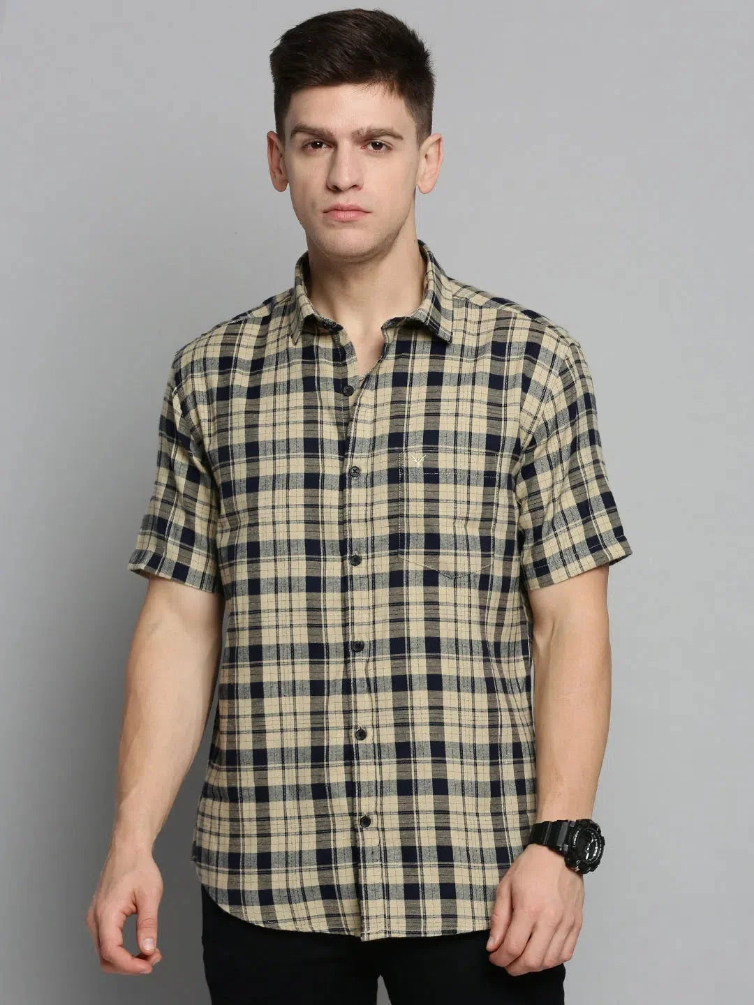 Stylish Beige Checked Mens Shirt - Cotton Casual Shirts | DesiQlo