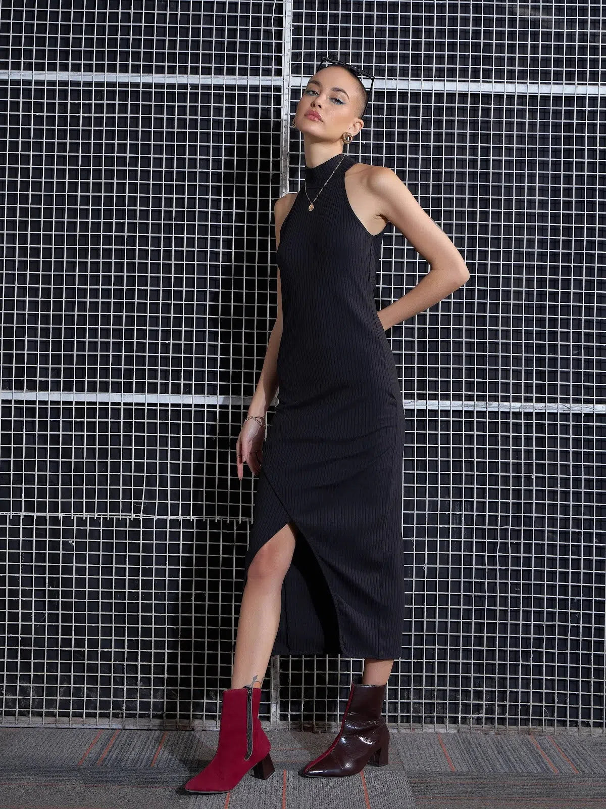 Black Rib Bodycon Midi Dress | Front Slit | Sleek & Stylish