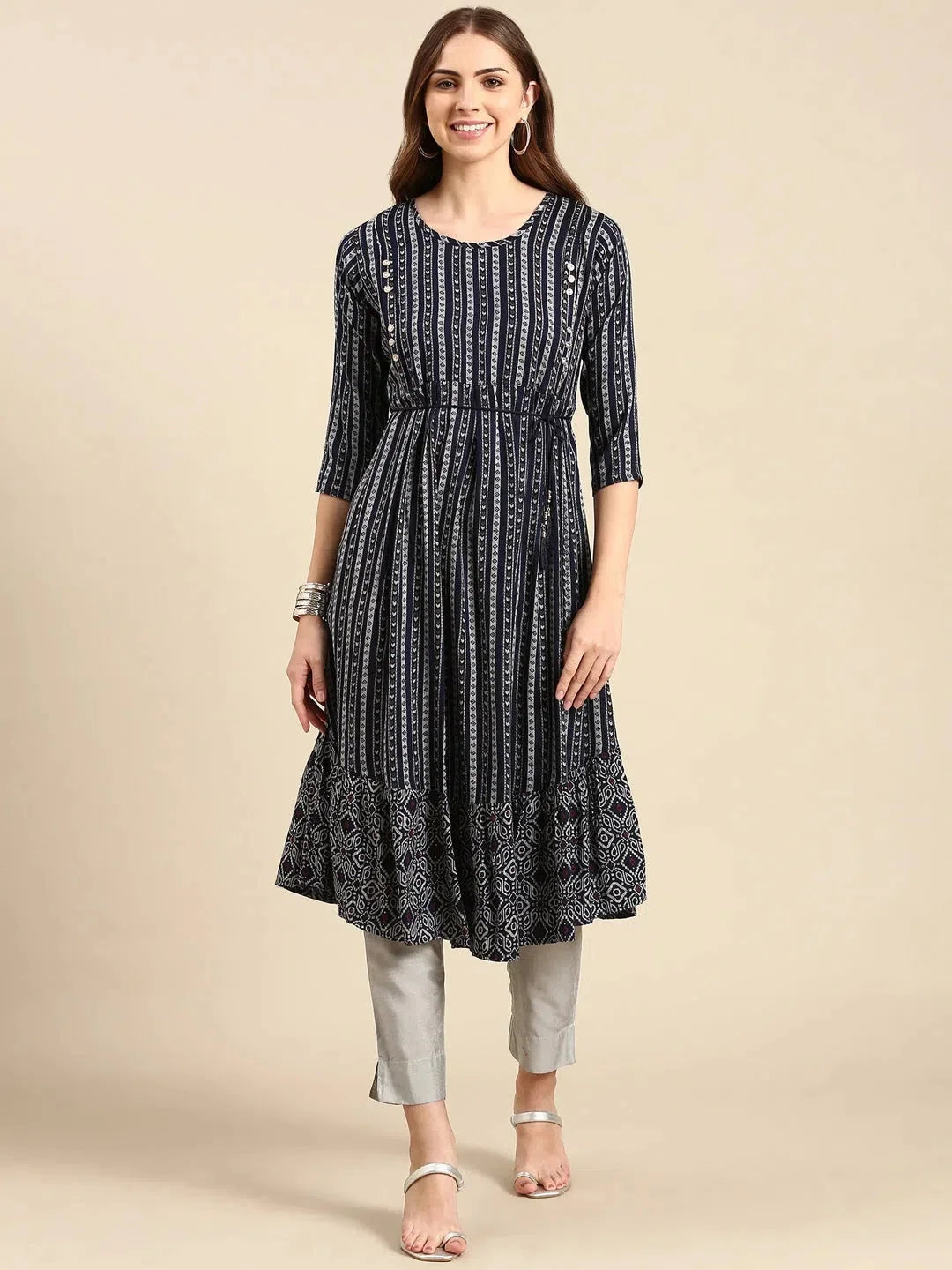 Navy Blue Printed Anarkali Kurta | Women's Anarkali Kurti