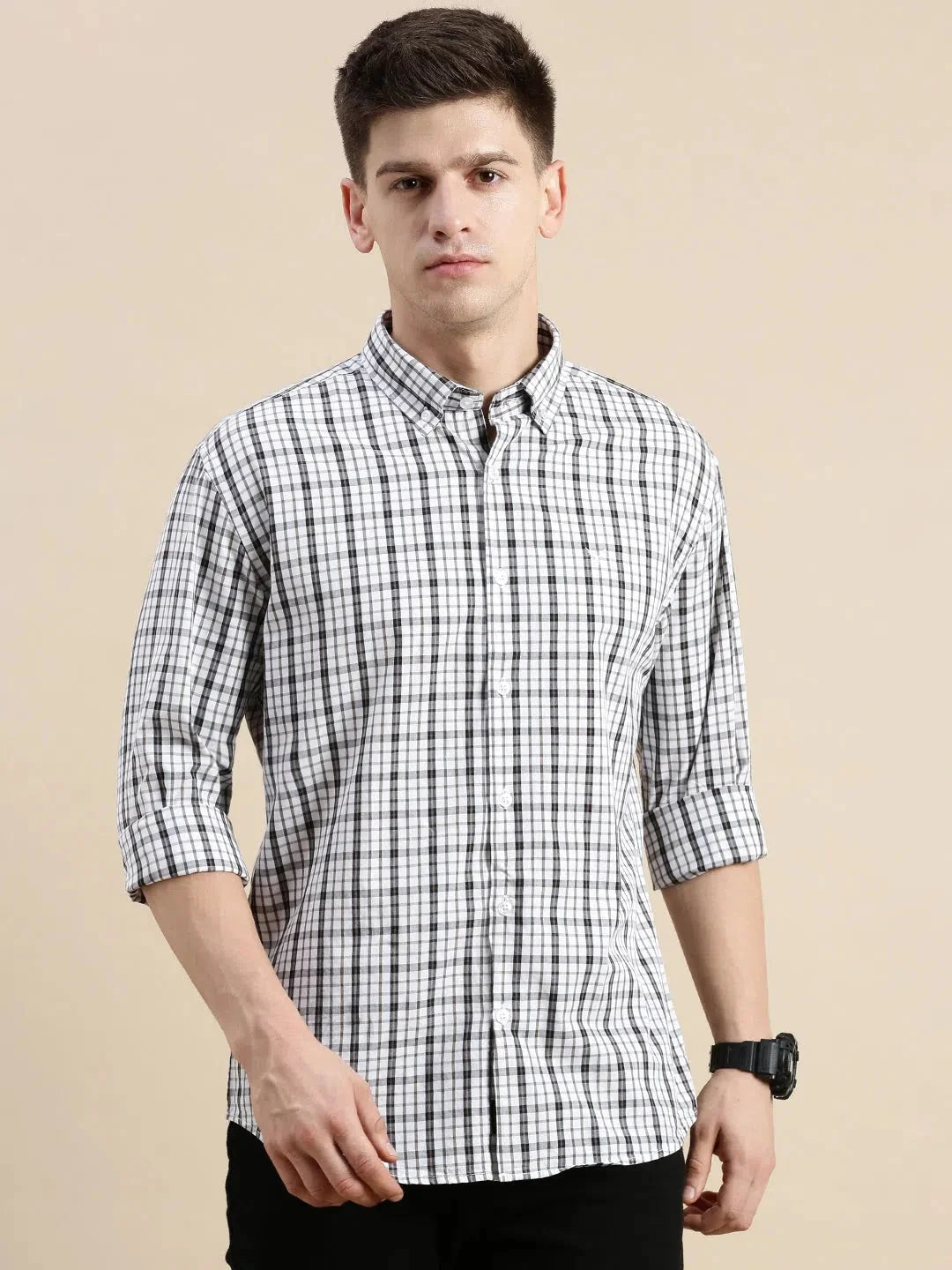 Mens White Checked Shirt - DesiQlo Cotton Shirt