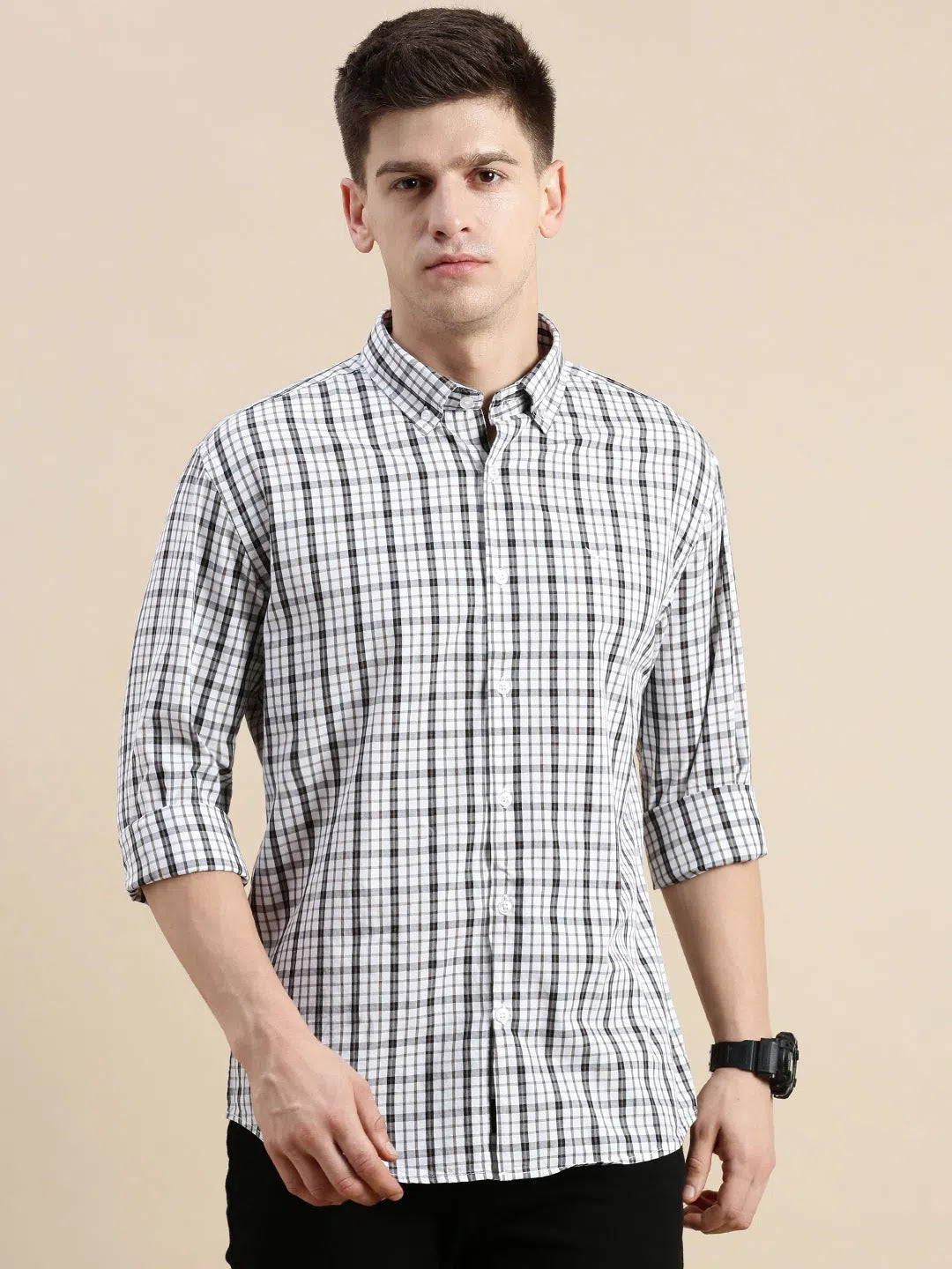 Mens White Checked Shirt - DesiQlo Cotton Shirt