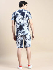 Men White Tie Dye Casual Co ord Set-EX-692-Whitenavyblue