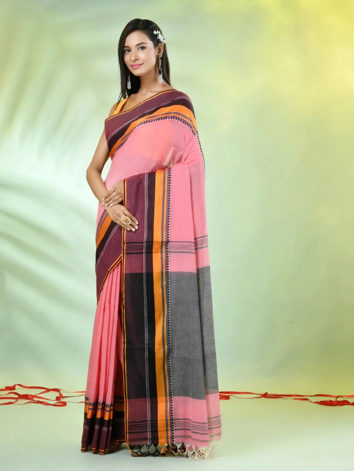 Peach Cotton Saree with Temple Border | Indian Sari