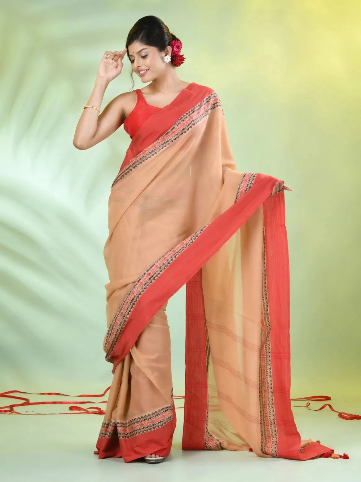 Beige Cotton Saree with Border | Indian Sari Elegance