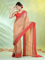 Beige Cotton Soft Saree With Contrasted Borders-MA62CT33720061
