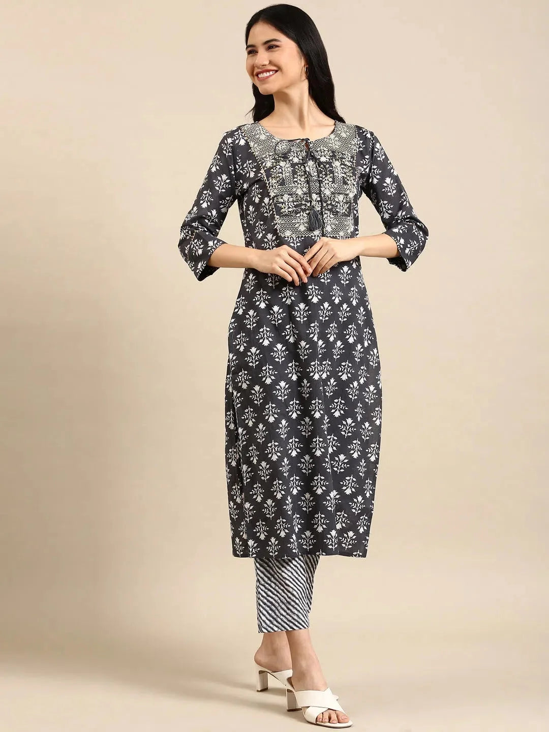Grey Floral Kurta Set | Women's Cotton Kurta Sets Online
