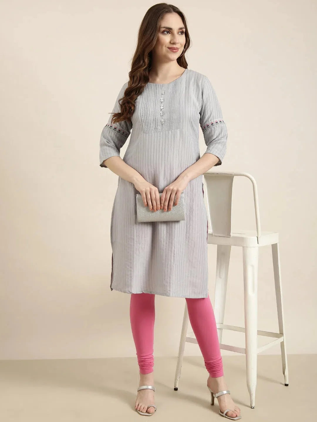 Women Straight Grey Striped Kurta-DF-1663-Grey