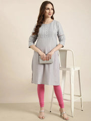 Women Straight Grey Striped Kurta-DF-1663-Grey
