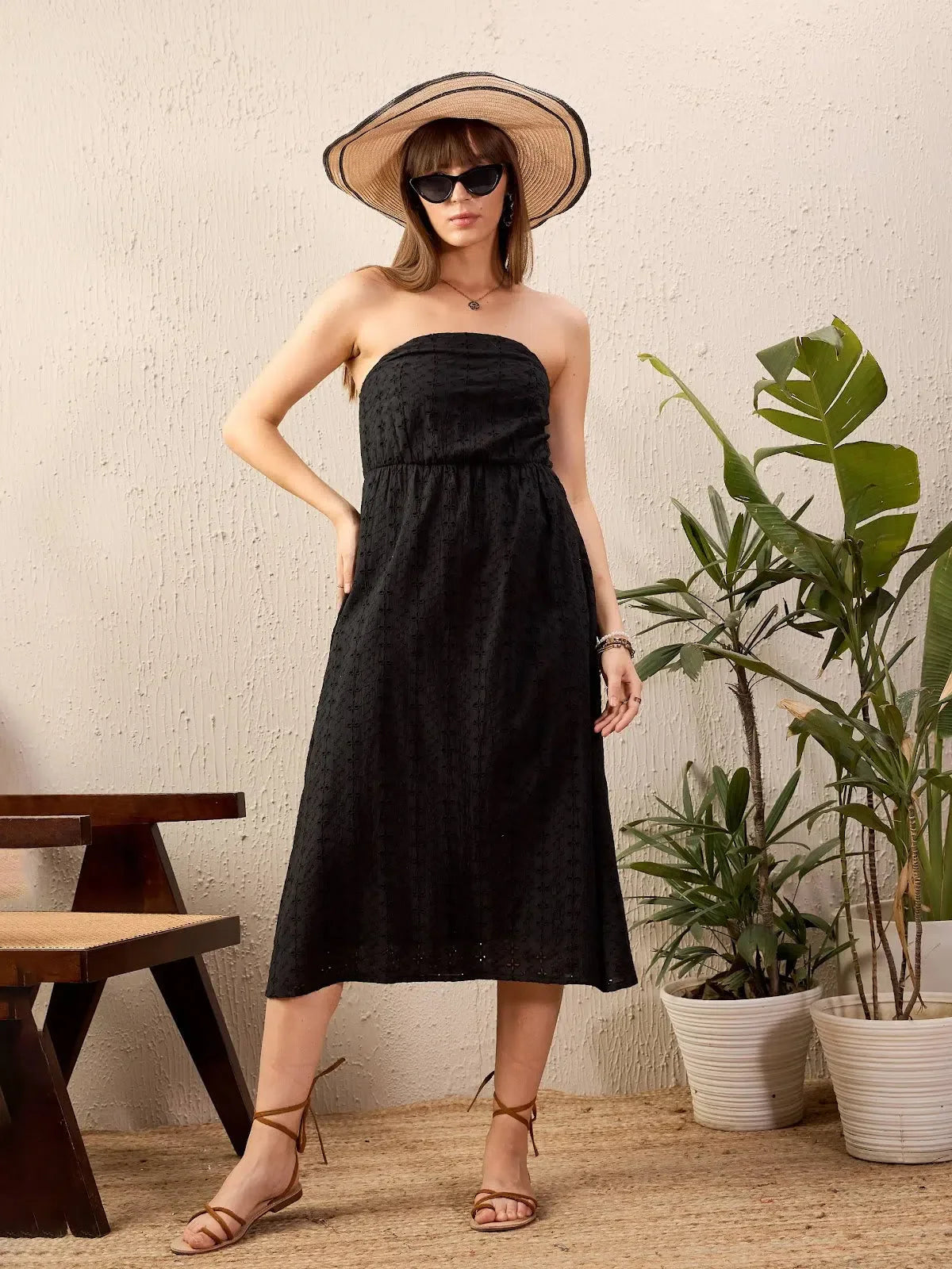 Black Schiffli Corset Midi Dress | Women's A-Line Cotton Dress