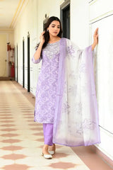 Women Lavender Tissue Linen Embroidered Solid Kurta Set With Solid Pants & Printed Dupatta-143-Vaas-Lavender