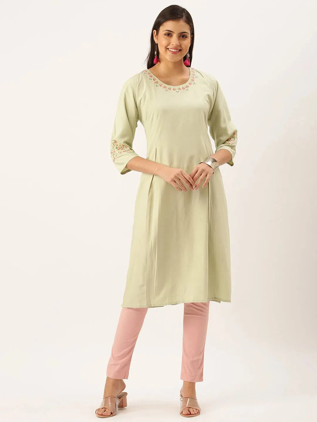 Green Embroidered Cotton Kurta | Women's Indian Kurtis