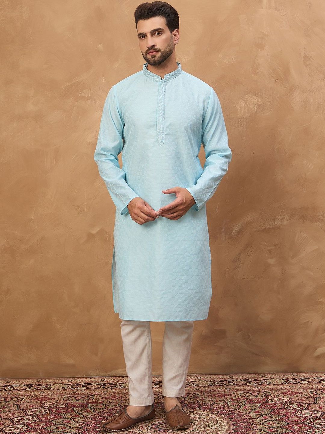 Ethnic Bay Men Blue Silk Blend Solid Embroidered Straight Kurta With Pant Set-MKSET1452