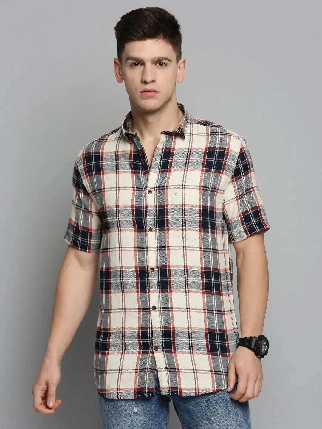 Men's Beige Checked Cotton Shirt | Casual Shirts | DesiQlo