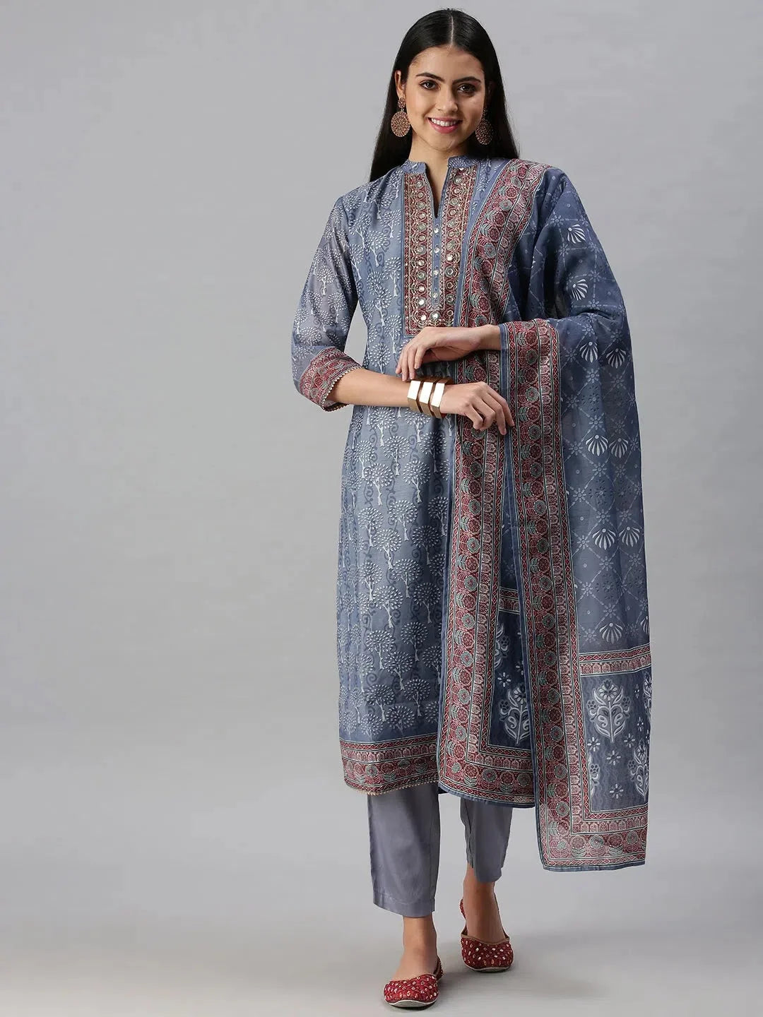 Grey & Blue Cotton Kurta Sets | Women's Indian Kurta Sets