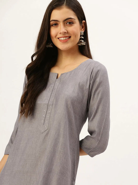 Women's Grey Embellished Straight Kurtas-SKC-2010-Grey 1080