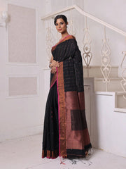 All Over Zari Weaving Black Cotton Saree With Zari Borders-MA64BCT401380028