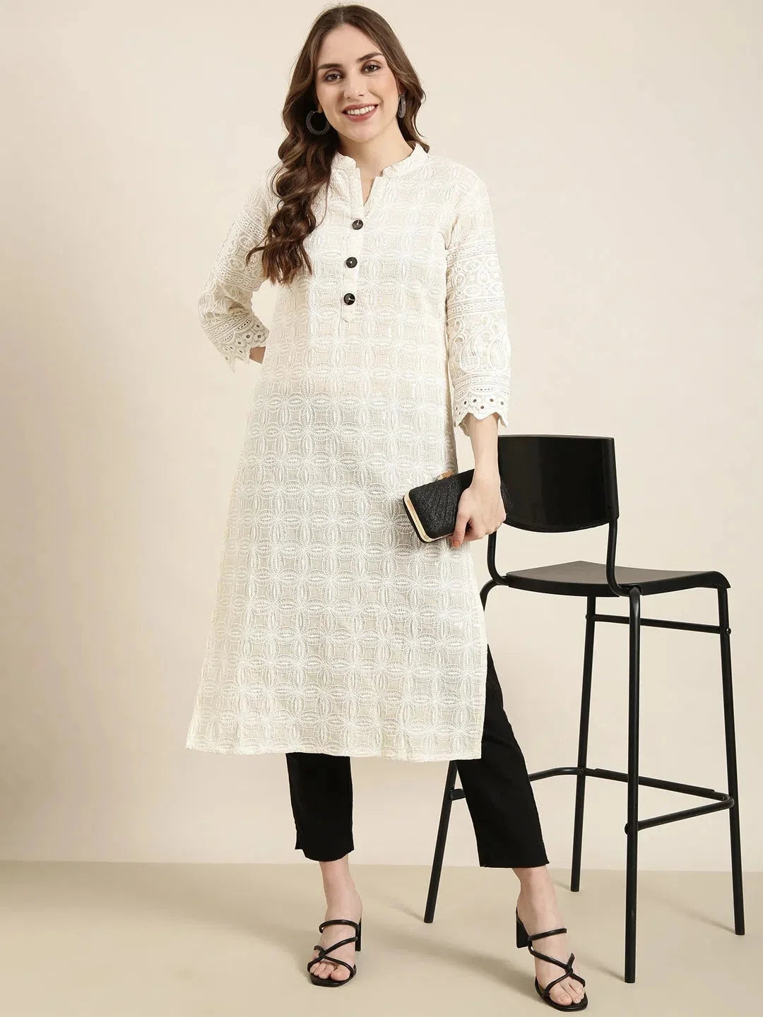 Women Straight Cream Embellished Kurta-UB-1262-Cream