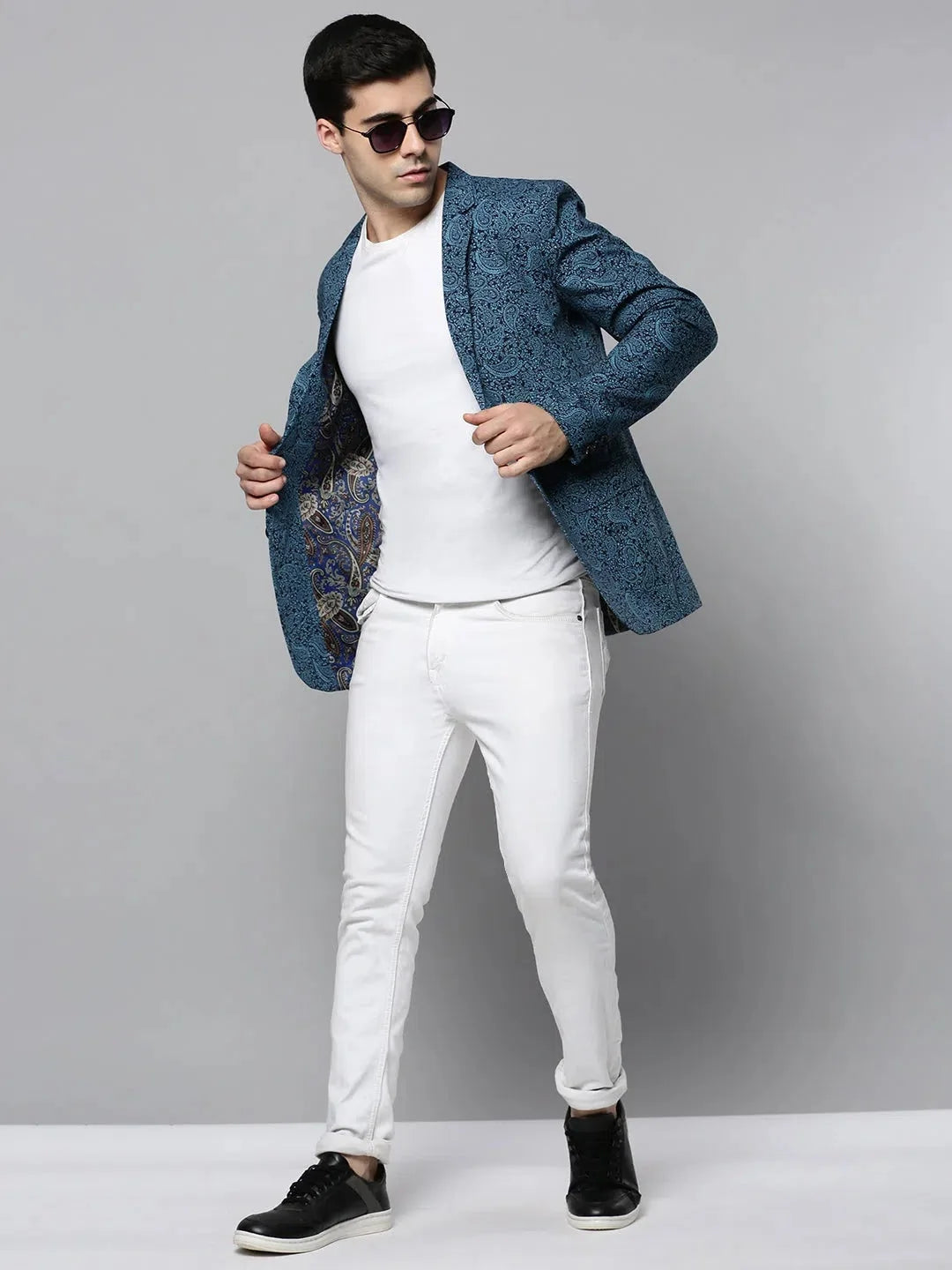 Blue Printed Cotton Blazer | Stylish Men's Ethnic Nehru Jacket