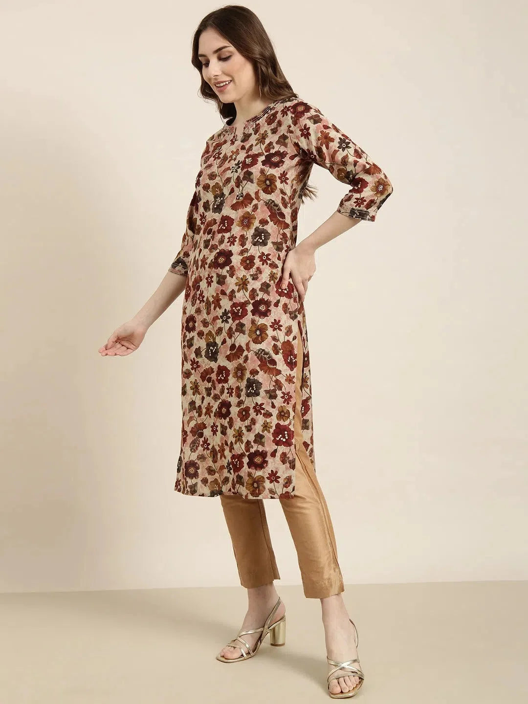 Maroon Floral Print Cotton Kurta | Women's Indian Kurtas