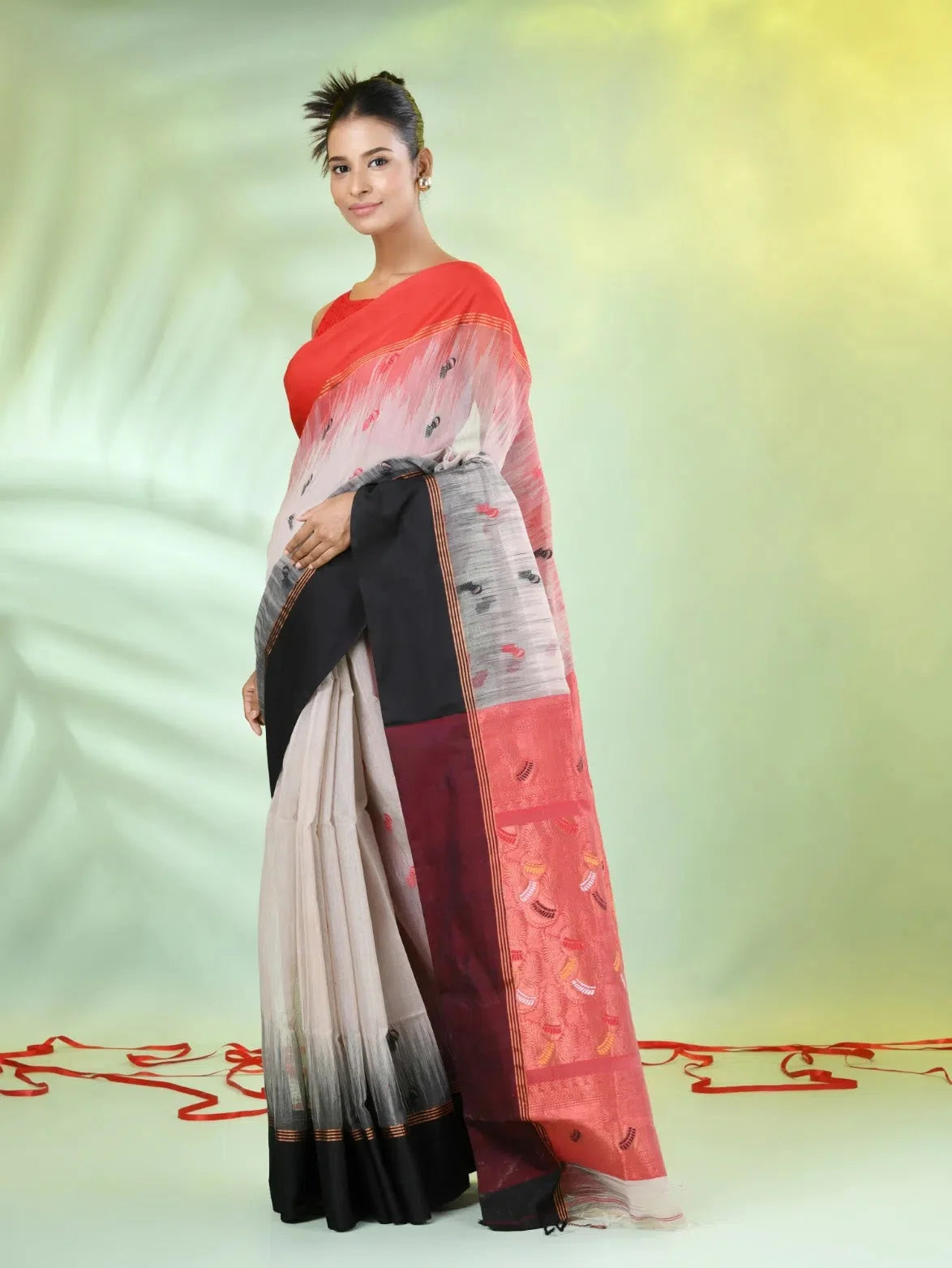 Ecru Ikat Cotton Saree | Indian Sari with Ganga Jamuna Border