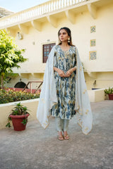 Women SkyBlue Muslin Embroidered KurtaPant & Dupatta Set