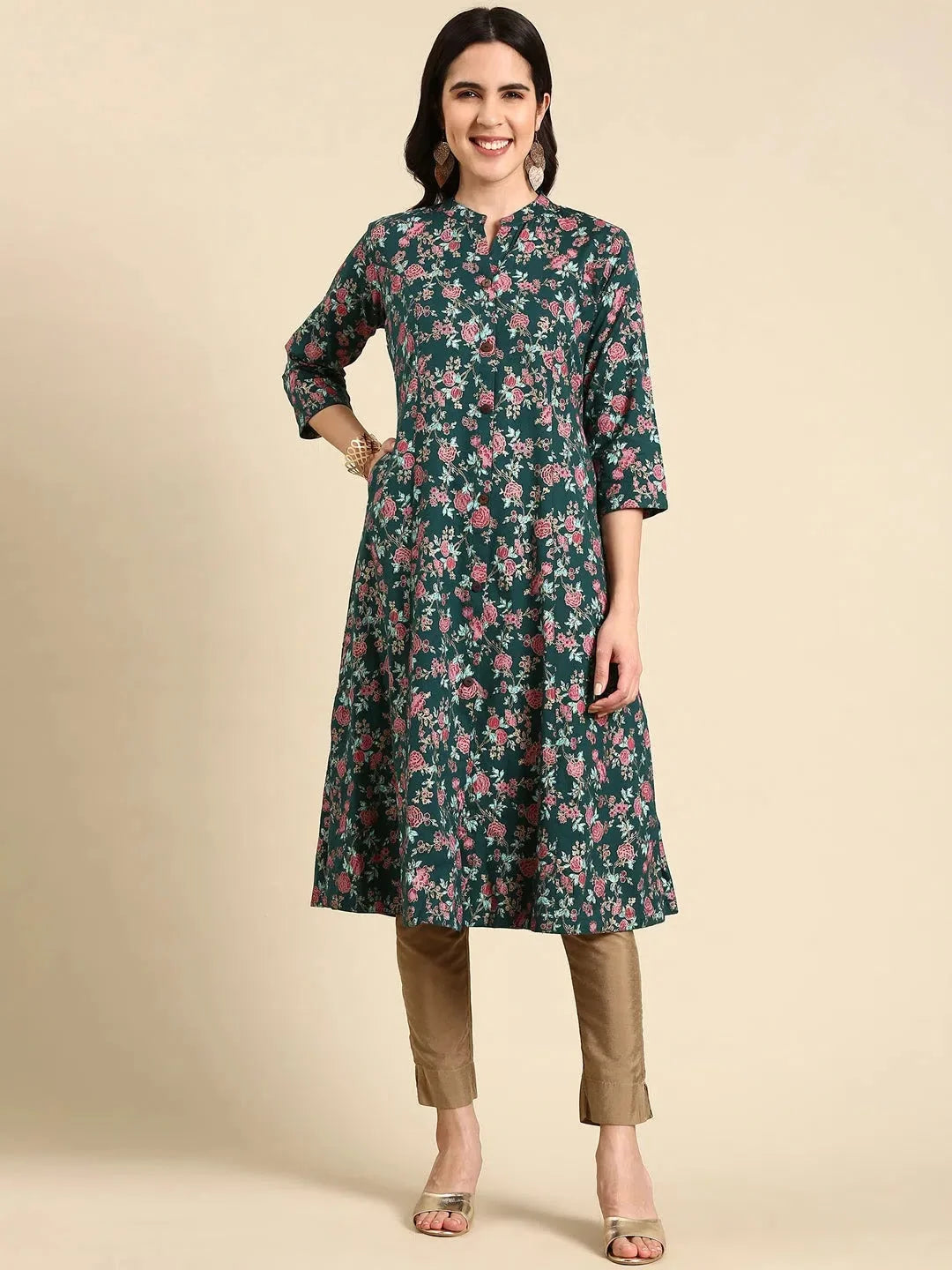 Teal Printed A-Line Kurta | Modern Indian Kurtis for Women
