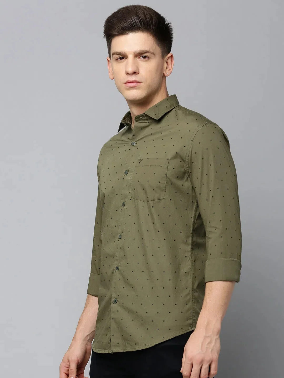 Olive Green Printed Cotton Mens Shirt | Casual DesiQlo