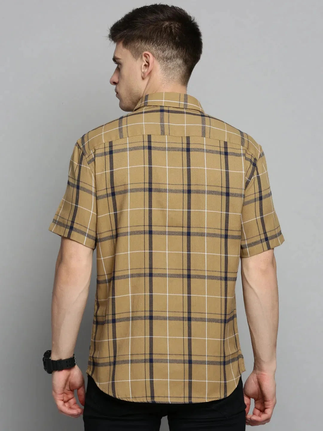 Men's Beige Checkered Shirt - Cotton Mens Shirt DesiQlo