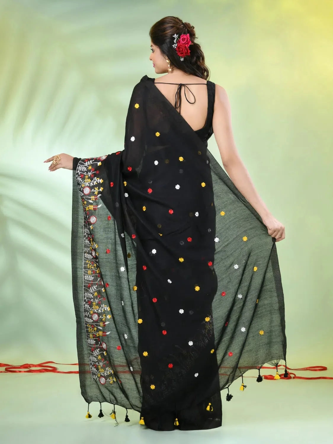 Black Cotton Saree with Floral Embroidery | Designer Sarees India