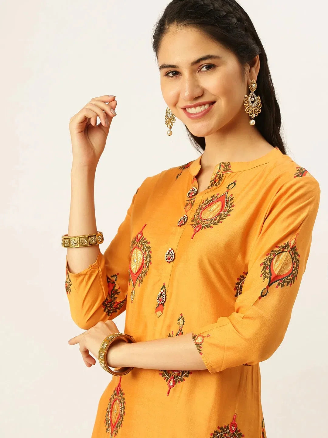 Orange Ethnic Motif Cotton Women's Kurta Sets | Showoff