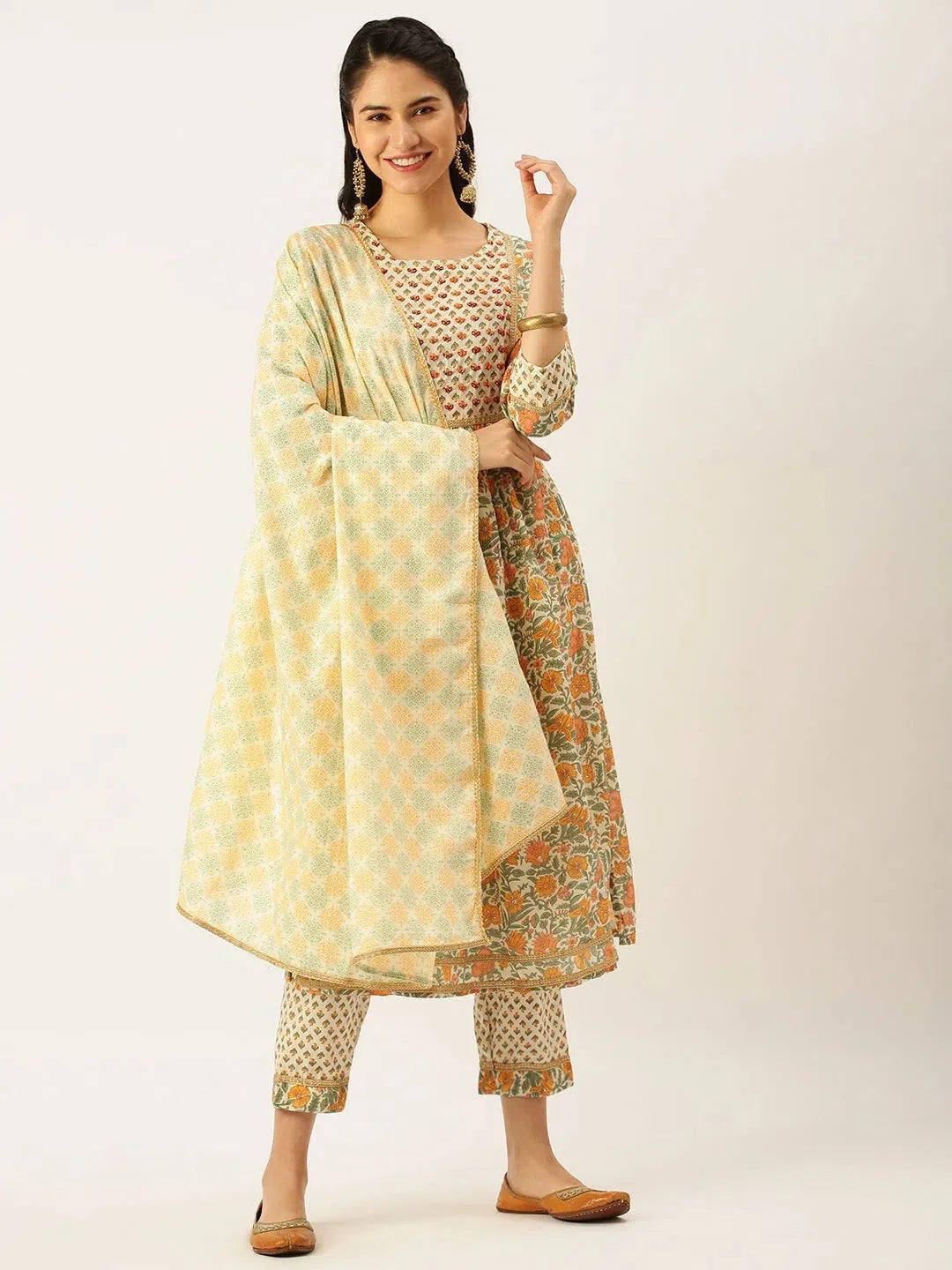 Cream Ethnic Print Cotton Designer Kurta Sets | Showoff