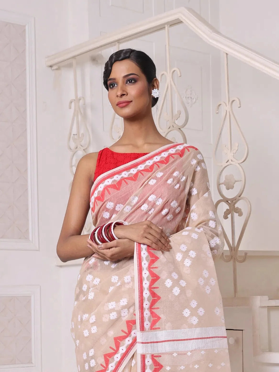 Beige Cotton Jamdani Saree | Indian Sarees