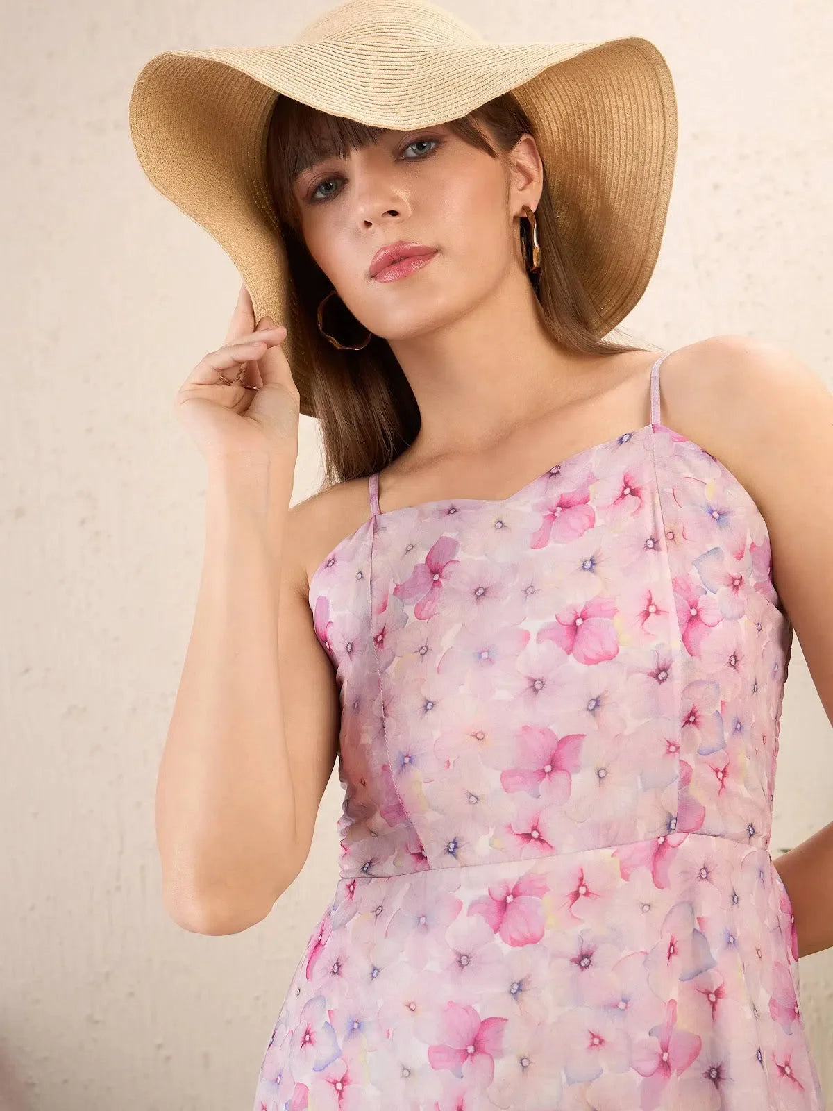 Pink Floral Midi Dress - Women's Strappy Fit & Flare Dress