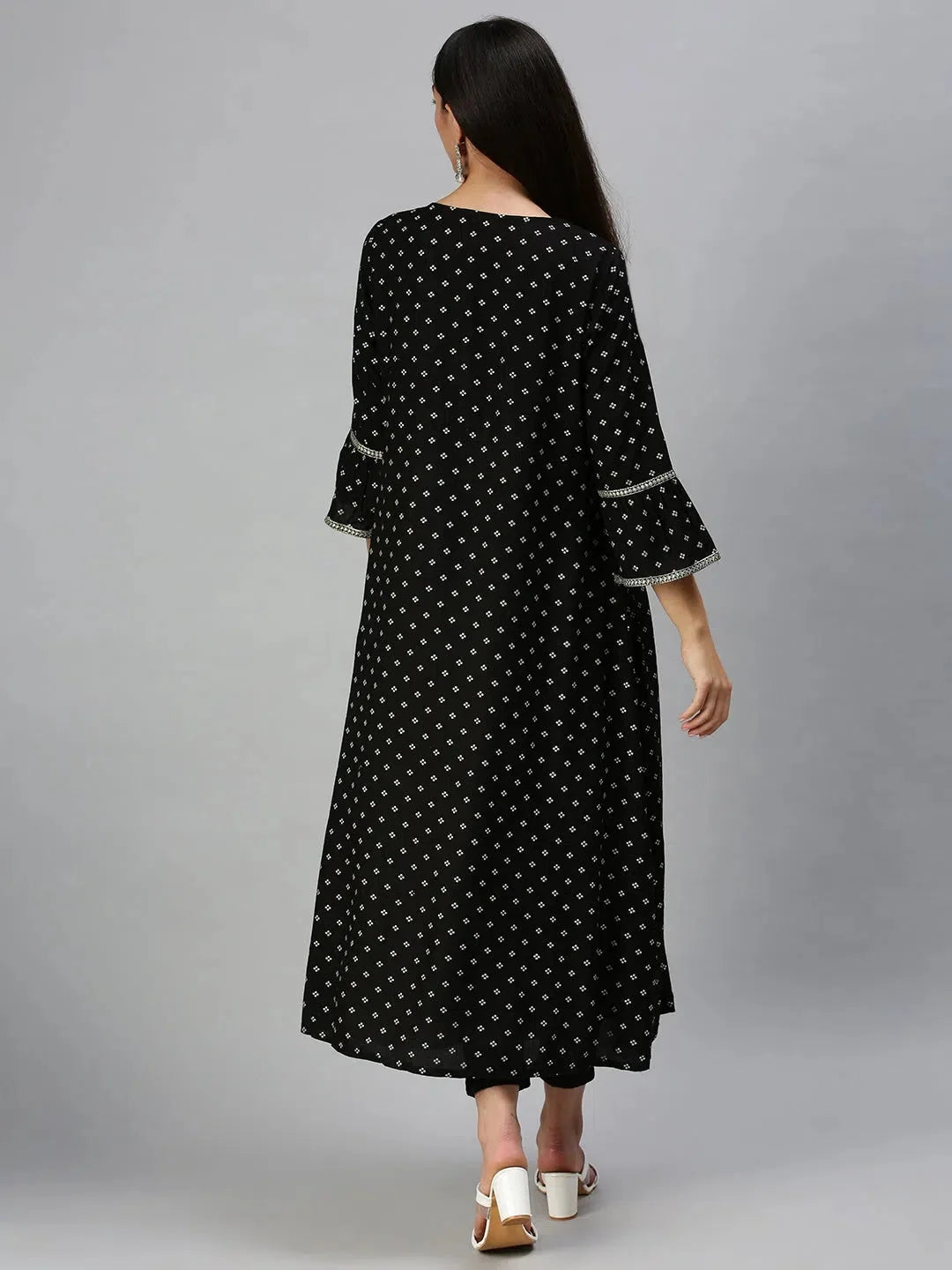 Cream & Black Printed Cotton Anarkali Kurta for Women